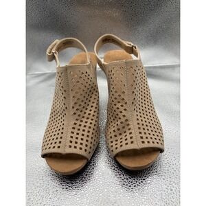 Sophia Taylor Shonda Tan Perforated Cork Wedge Sandal Women 9M Peep Toe slingbac